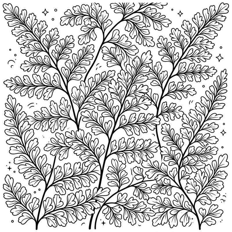 Unwind with this beautiful coloring page featuring a full-page design of delicate maidenhair ferns. Designed with large print and clear outlines, it offers a comfortable and engaging creative escape for seniors.