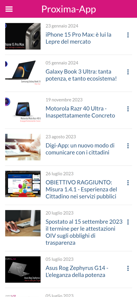 Proxima-App - A mobile interface of the Proxima-App news feed displaying various technology articles and business updates in a list format.