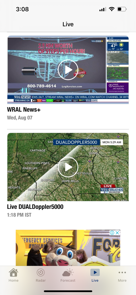 WRAL Weather - WRAL Weather app live section featuring local news stream and DualDoppler5000 radar map