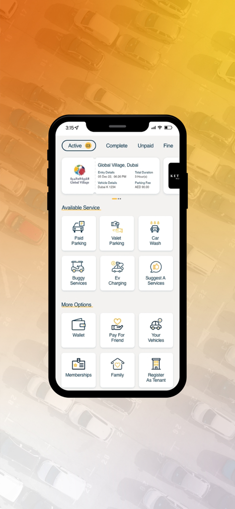 The dashboard of the PARKONIC plus app showcasing valet parking and vehicle services.