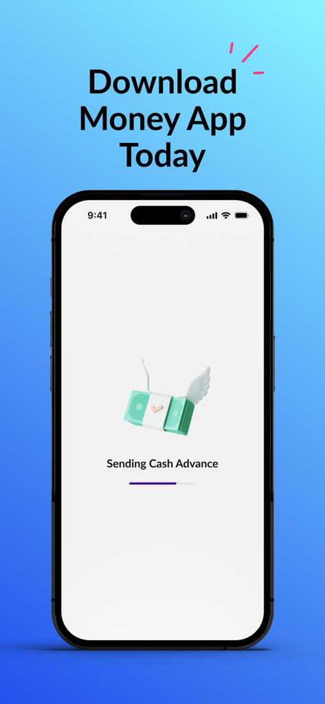 Un iPhone mostrando la interfaz de Money App mientras envía un adelanto de efectivo con un ícono de dinero volando.