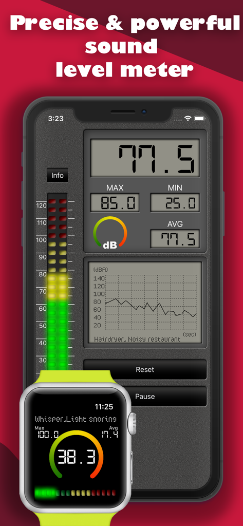 Interfaz de la aplicación Decibel Metre en iPhone y Apple Watch mostrando niveles de sonido en tiempo real y gráficos de decibelios.