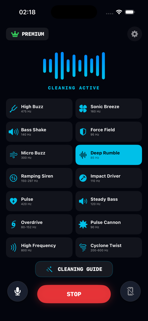 Dust Cleaner - Speaker Cleaner - Dust Cleanerアプリ。電話スピーカーをクリーニングするための音波周波数が表示されています。