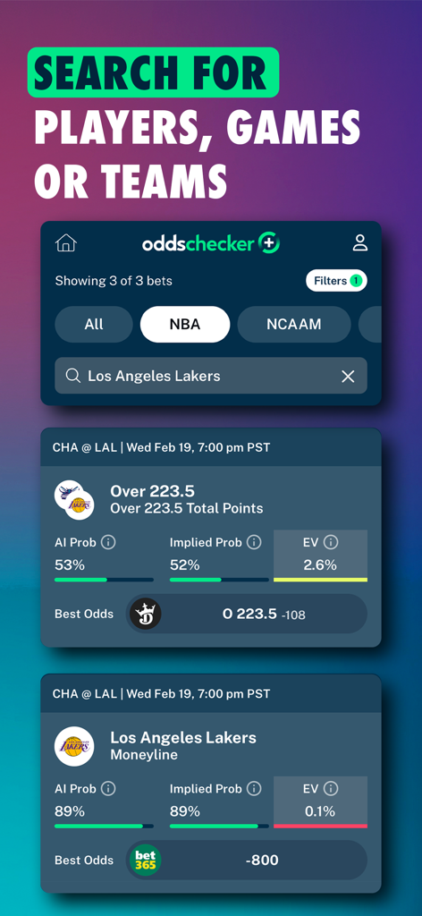 Search interface of Oddschecker plus app showing NBA game predictions and AI betting tools