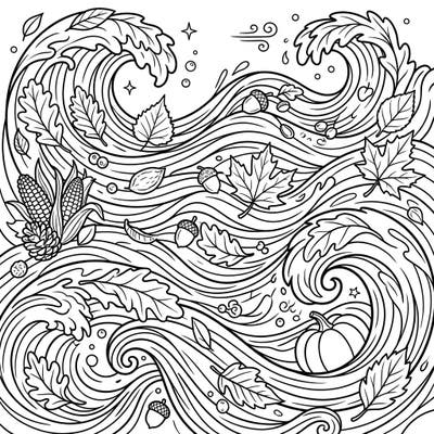 Immerse yourself in the beauty of autumn with this captivating coloring page featuring dynamic water wave patterns. Discover a delightful mix of falling leaves, harvest elements, and flowing currents, ready for your creative touch.
