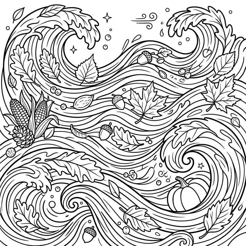 Immerse yourself in the beauty of autumn with this captivating coloring page featuring dynamic water wave patterns. Discover a delightful mix of falling leaves, harvest elements, and flowing currents, ready for your creative touch.