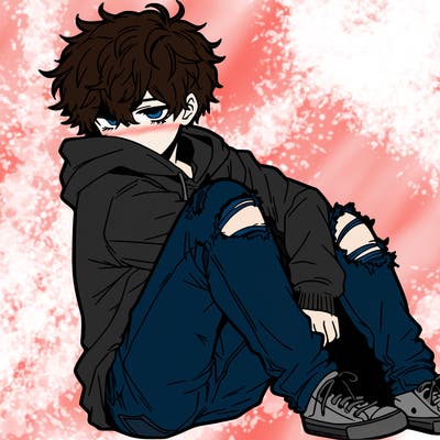 a male hoddie ripped jeans messy hair anime