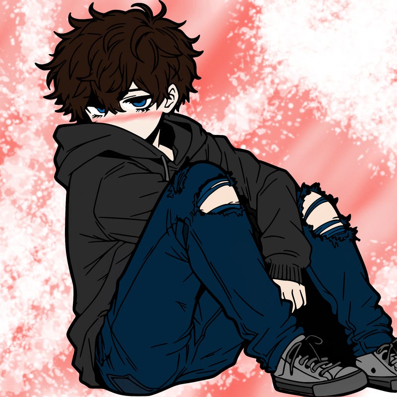 a male hoddie ripped jeans messy hair anime