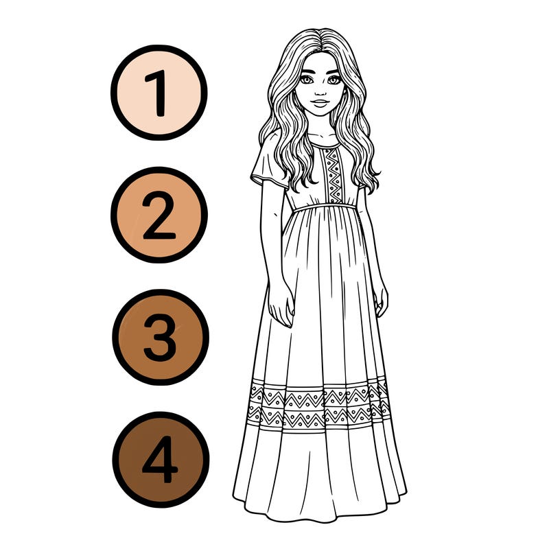 a girl with a bunch of circles on the side of the drawing next to her with numbers 1 2 3 and 4 and no background tall realistic girl