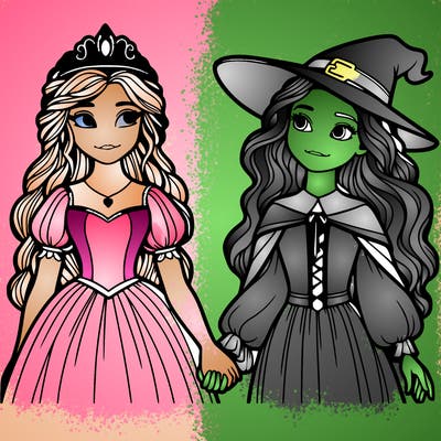 a princess and a witch holding hands realistic
