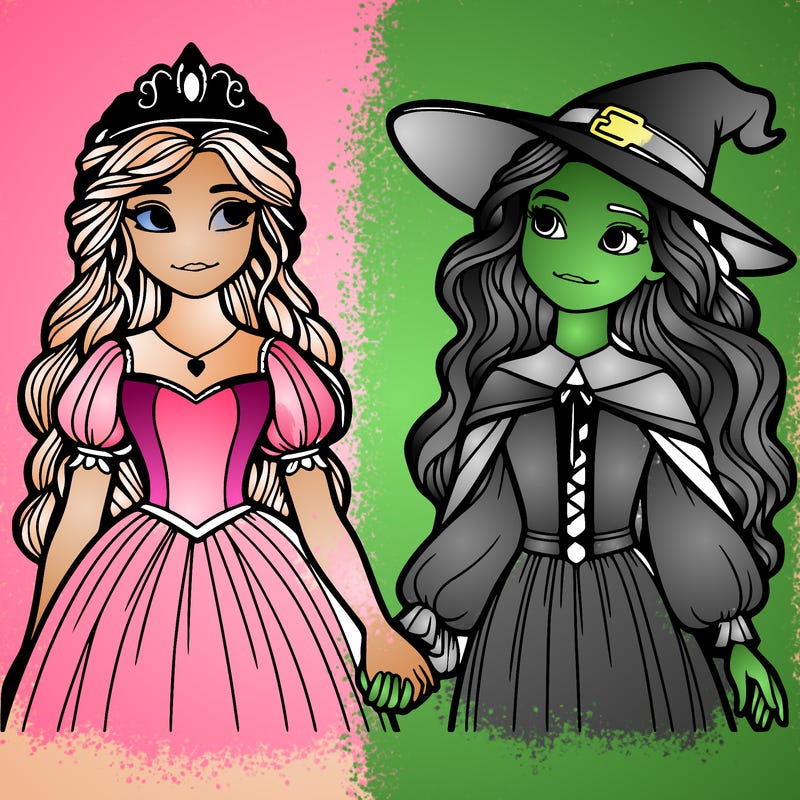 a princess and a witch holding hands realistic