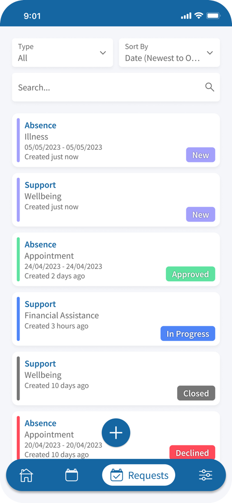 Interface of SEAtS Mobile app displaying a list of student absence and support requests with their current approval status