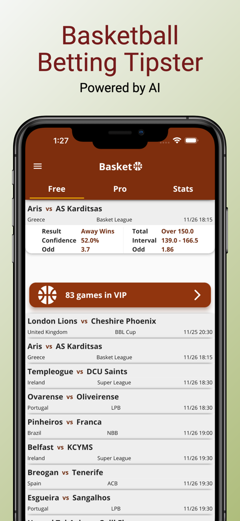 Basketball Wett-Tipps App-Oberfläche mit KI-Vorhersagen und Spielquoten
