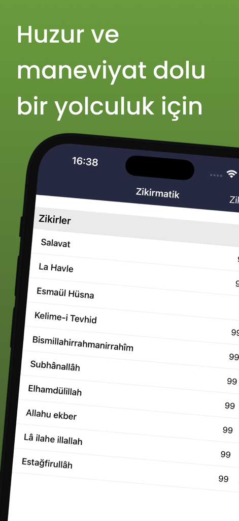 Smartphone display showing a list of Islamic prayers and dhikrs in the Zikirmatik app