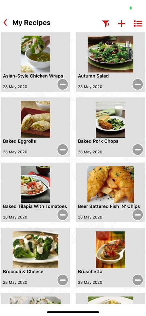 Exibição do aplicativo MasterCook de uma coleção de receitas do usuário em um layout de grade com fotos e títulos