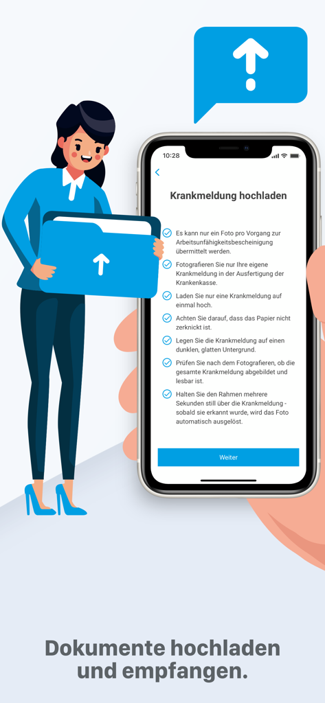 IKK Südwest App-Bildschirm mit Anweisungen zum Hochladen einer Krankmeldung und von Dokumenten