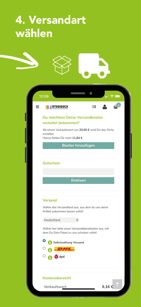 Studibuch app screen for choosing a shipping method with options for DHL and DPD