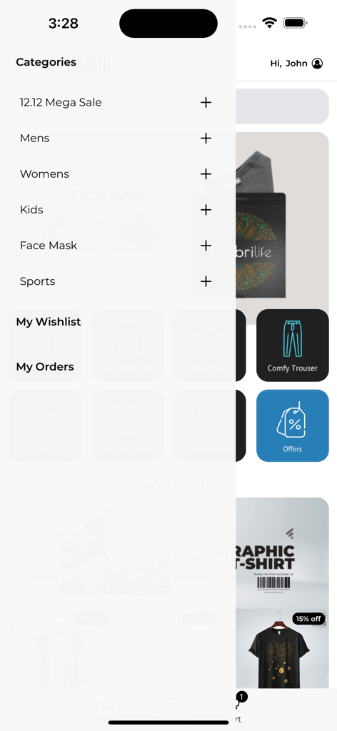 Fabrilife mobile app interface showing the side navigation menu with shopping categories for Men Women and Kids