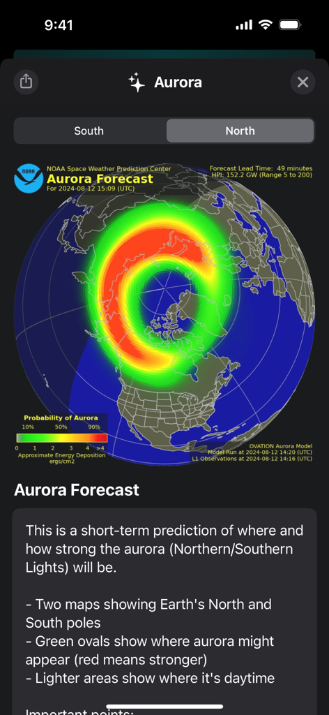 Aurora forecast map showing the probability and intensity of the Northern Lights over the Northern Hemisphere