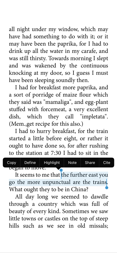 Screenshot of Bluefire Reader showing a text selection menu with options to highlight, add notes, and cite text from an ebook.