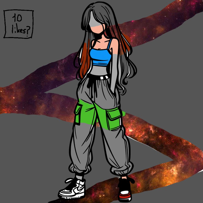 girl in baggy pants crop top and long hair