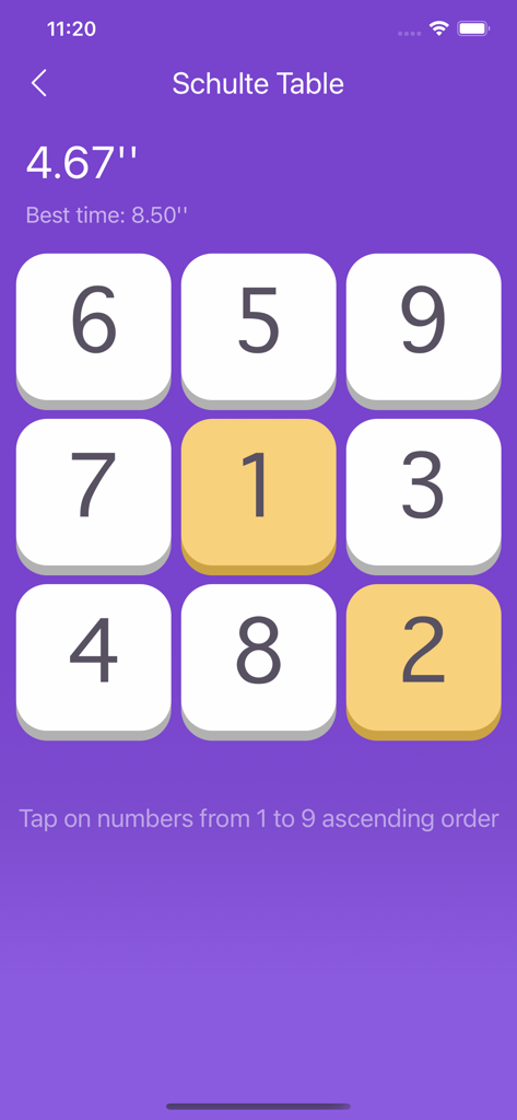 A 3x3 Schulte Table grid showing numbers 1 to 9 on a purple background for cognitive speed reading training