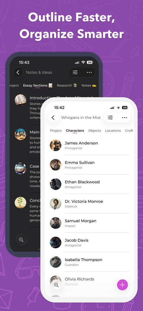 Story Planner for Writers app interface showing character lists and story project notes on two iPhone screens.