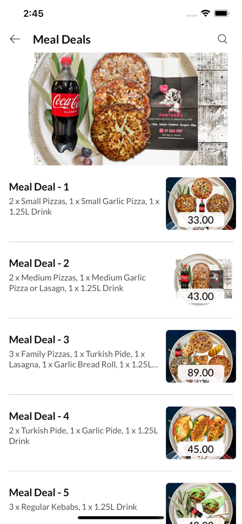 Panthers Pizza & Kebabs - A menu screen of the Panthers Pizza and Kebabs app showing multiple meal deals with pizza, pide, and drinks.