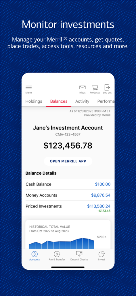 Bank of America mobile app screen showing Merrill investment account balances and portfolio performance