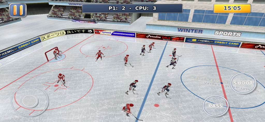 3D ice hockey match gameplay in Athletics 2 Winter Sports Pro showing virtual controls and scoreboard