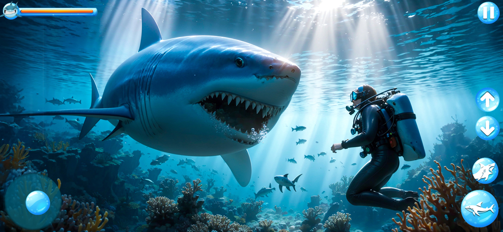 Ocean Shark Simulator - Gameplay of Ocean Shark Simulator showing a large shark approaching a scuba diver underwater.