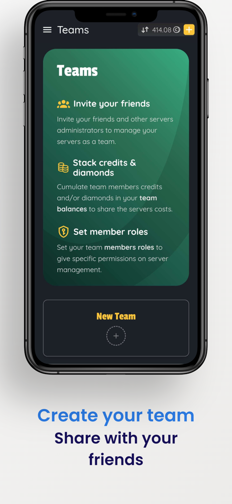 AxentHost - Mobile screen of AxentHost app showing team management features like inviting friends and sharing server credits.