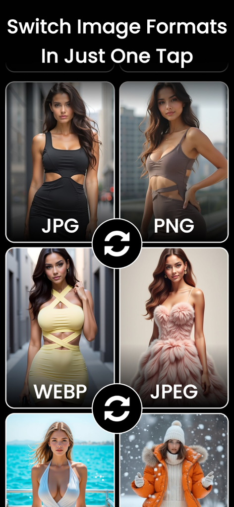 Picture Size Resizer - Oberfläche, die die Möglichkeit zeigt, Fotos mit einem Fingertipp zwischen JPG PNG WEBP und JPEG-Formaten zu konvertieren