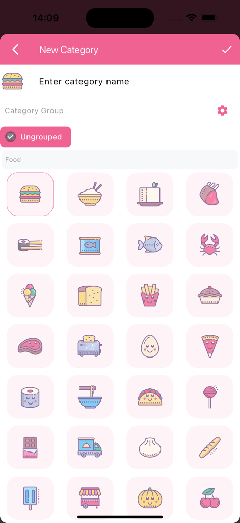 A collection of cute food icons for custom categories in the Money plus expense tracker app
