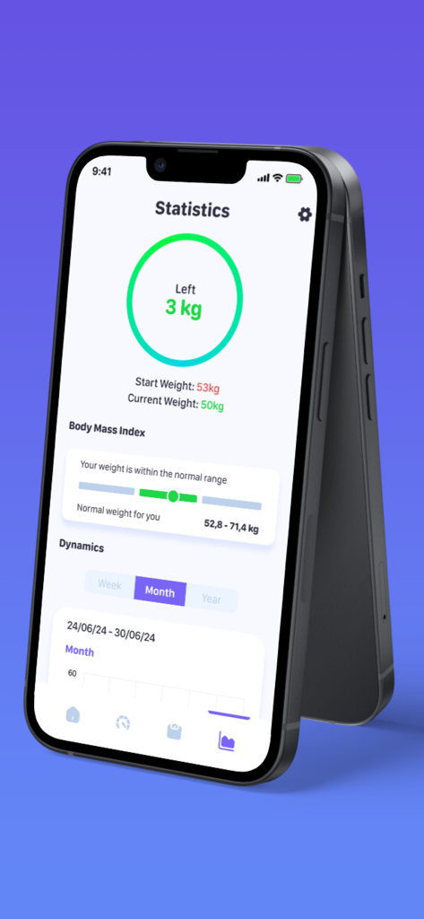 BMI Calculator - HealthTracker - BMI Calculator app interface showing weight loss progress and body mass index range.