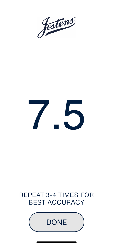 Jostens Ring Sizer - Interface of the Jostens Ring Sizer app displaying a final measurement of size 7.5 with a done button.