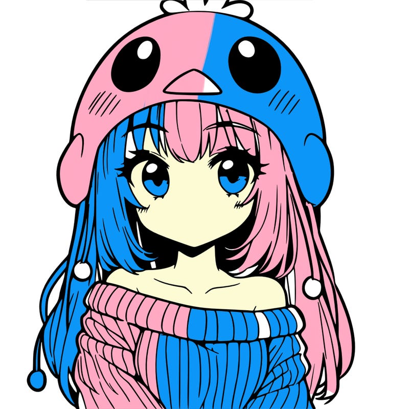 anime girl with chick shaped hat with sweater with bare shoulders with bangs covering them one eye with low tail