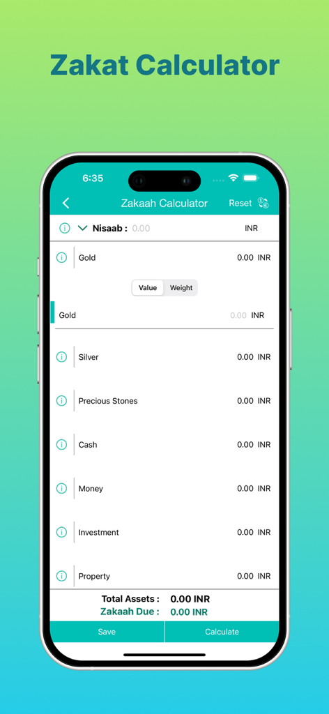 Islam Pro: Quran Prayer Qibla - Interface of the Zakat calculator feature in the Islam Pro app listing assets like gold and cash