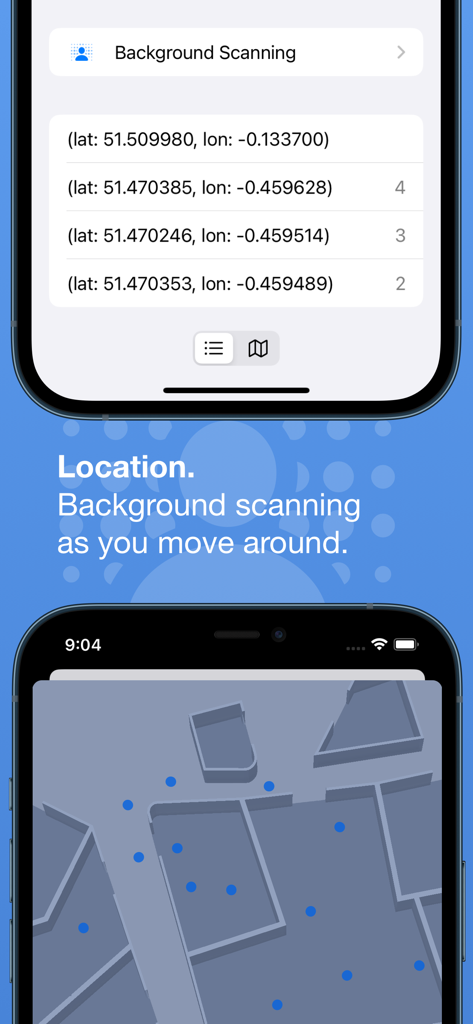 Bluetooth Inspector - Bluetooth Inspector app interface showing background location scanning and map tracking