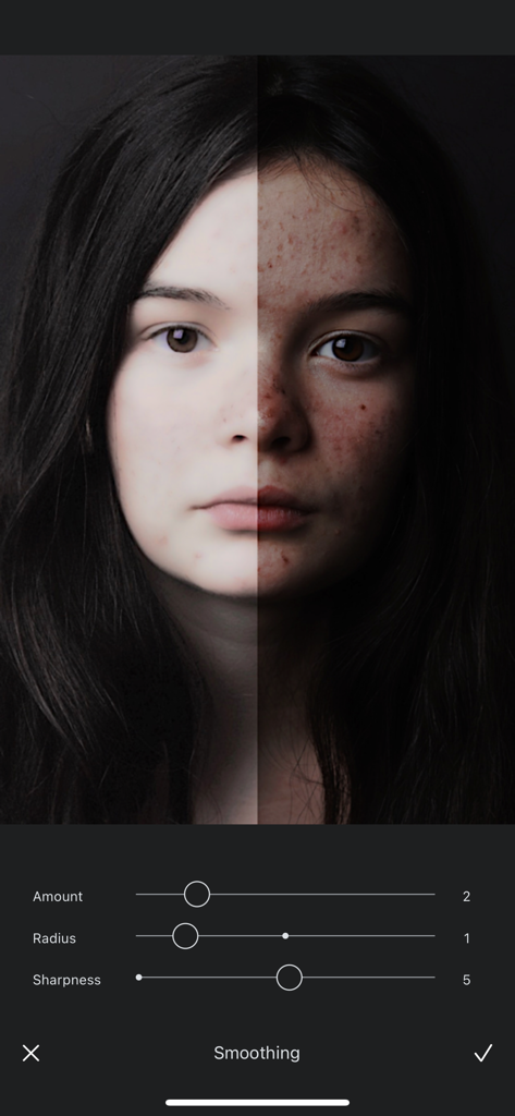 Photo Filters + - Before and after comparison of the skin smoothing tool in the photo editor app