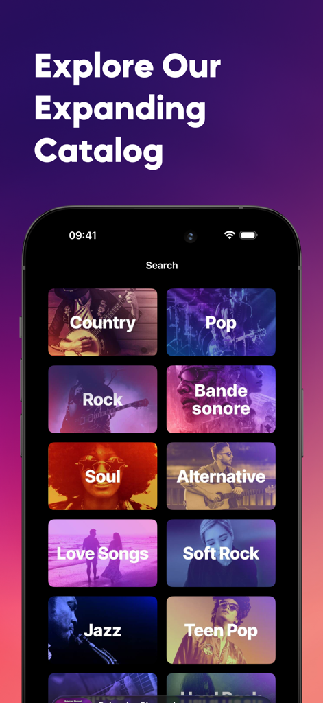 Un smartphone que muestra la pantalla de búsqueda de la aplicación KaraFun con mosaicos para géneros musicales como Country, Pop, Rock y Soul.