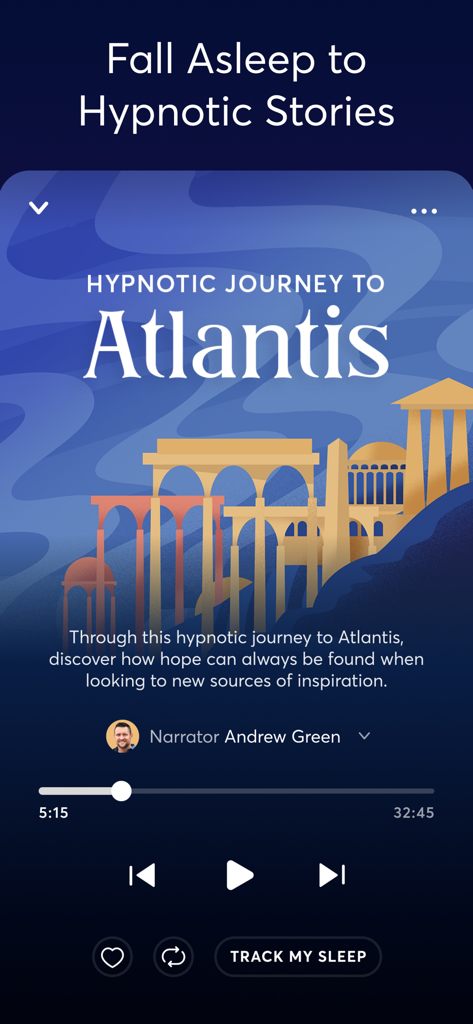 Interface of the BetterSleep app featuring a hypnotic sleep story titled Hypnotic Journey to Atlantis narrated by Andrew Green