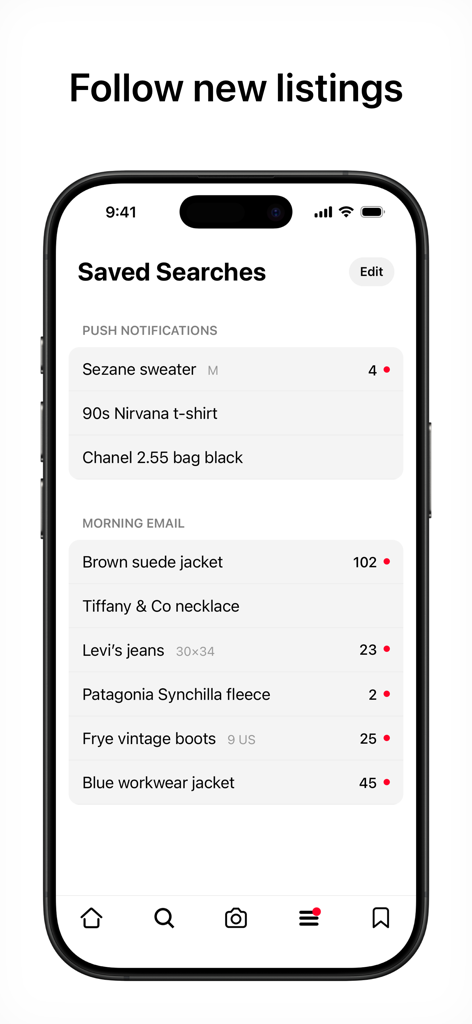 Gem - Search Vintage - Gem app screen showing saved searches and notifications for new vintage fashion listings