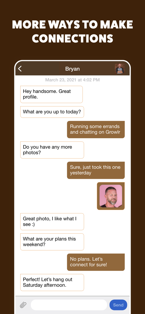 Una conversación de mensajería privada entre dos hombres en la aplicación de redes sociales GROWLR