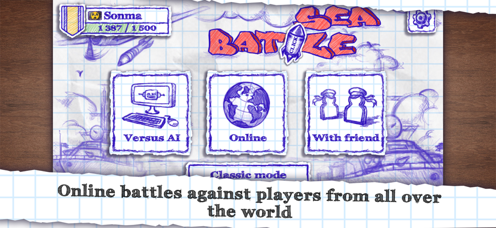 Sea Battle Online - Menu principal do jogo Batalha Naval Online com gráficos de rabiscos em papel quadriculado apresentando modos de jogo para Versus AI Online e Com Amigo.