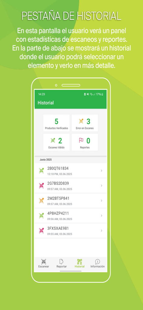 History screen of the Revísame app showing scan statistics and a list of verified products