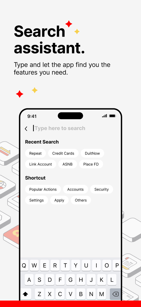 A screenshot of the AmOnline mobile banking app search assistant interface showing recent searches and quick action shortcuts.