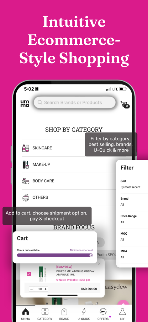 umma.io - Mobile interface of umma.io app showing skincare categories, wholesale filters and cart progress bar