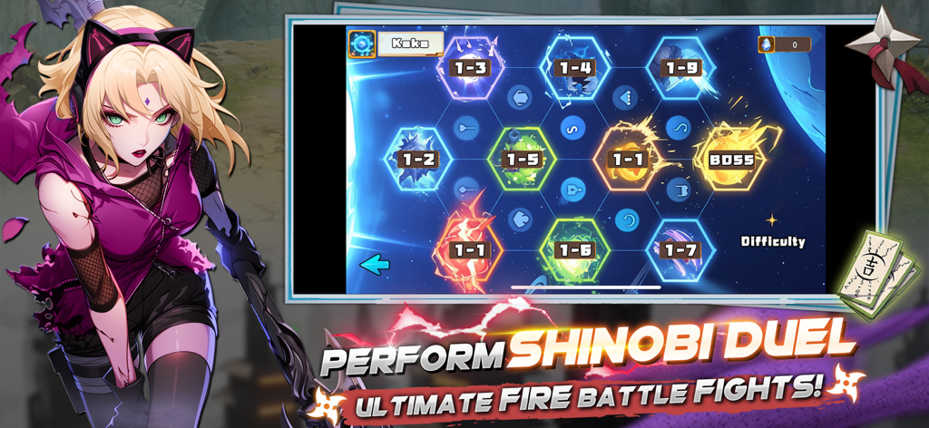 ULTIMATE NINJYA: Fire Storm - Una interfaz de juego de Ultimate Ninjya que muestra un mapa de selección de nivel hexagonal y un personaje femenino de anime con cabello rosa y orejas de gato.