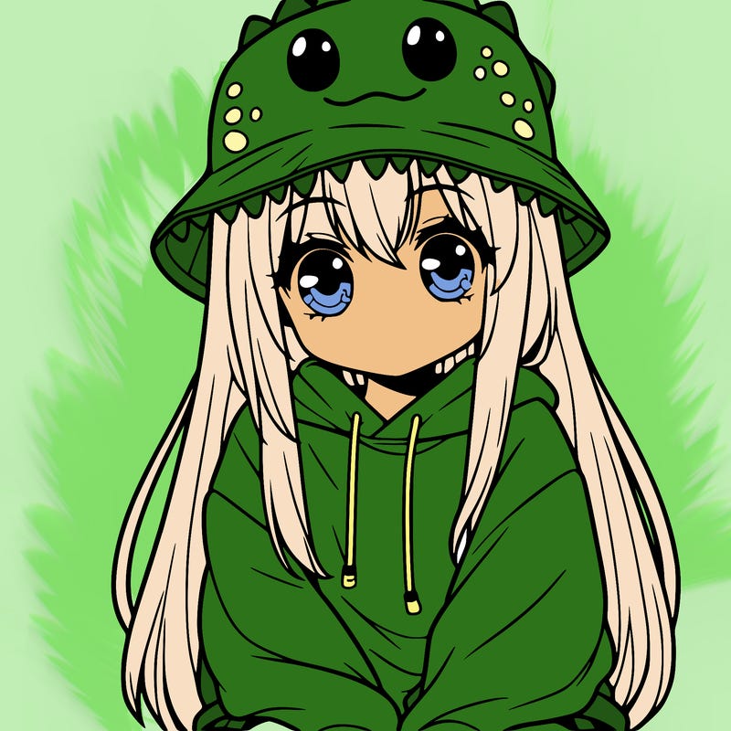 girl with anime shaped eyes with a dinosaur bucket hat oversized sweatshirt long straight hair